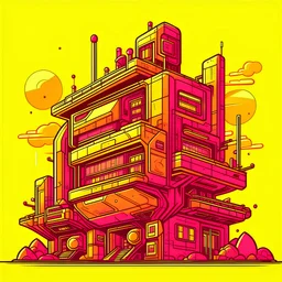 scifi Building cartoon, yellow, pink and orange