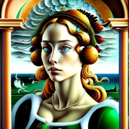 portrait of a beautiful busty Storm with green eyes riding a great eagle by Sandro Botticelli style