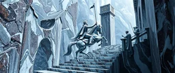 the chariot, the fool and the tower tarot card disaster rendered in magnificient 4d glossy marble stones reflective and wet, like mirrors, winding stairs, watchers