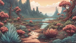 comic style, highly detailed ,gorgeous otherworldly landscape, otherworldly plants