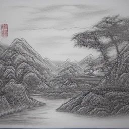 uma paisagem chinesa com rios e arvores, por do sol ao fundo, desenho a lapis