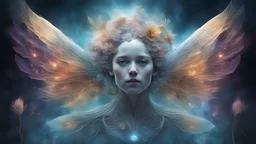 Birth of the Nebula, portrait, high resolution, fine rendering, high detail, 3D, fantasy, mystic, double exposure, flower, clear drawing, wings