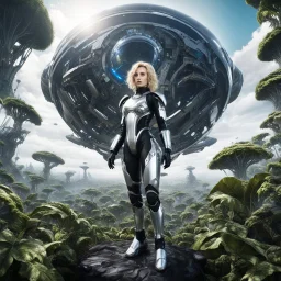 Wide-angle photo of a slim sci-fi woman with blond hair, wearing a silver and black futuristic android-like spacesuit, standing on an alien cloud tree jungle planet