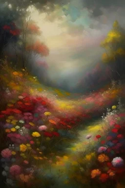 MAGIC fantasy, medieval painting, gloomy landscape surrounded by forests, dense thickets of flowers with brushes, impressionism style