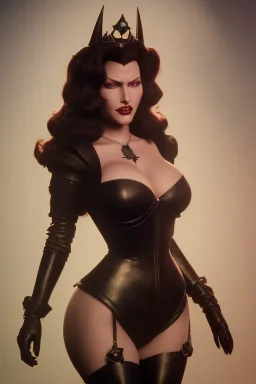 Rita Hayworth as evil queen in black leather, busty, cleavage, curvy, angry, stern look. character design by cory loftis, fenghua zhong, ryohei hase, ismail inceoglu and ruan jia. unreal engine 5, artistic lighting, highly detailed, photorealistic, fantasy