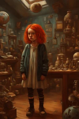 Little girl with red hair in Cyberpunk wunderkammer painted by Vermeer, unsane details, soft colors, lot of space around the girl with a lot of strange objects