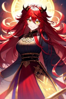 girl, masterpiece, best quality, cinematic lighting, detailed outfit, vibrant colors, perfect eyes, red hair, long hair, golden eyes, messy hair, hair in between the eyes, angry, smile,