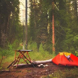 Wilderness survival shelter in forest with campfire, painting style