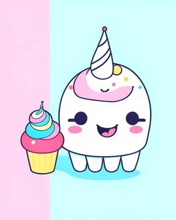 kawai unicorn with smiling face and kawaii cupcake with smiling face minimalist , line art,kawaii background, vector, beautiful kawaii background with rainbow, simple