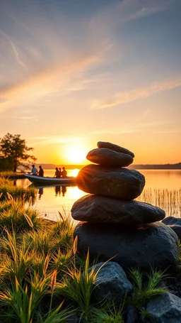 A 3 black granite stones on a lake bank with barley and grass around the stones, at sunset a , boat with four people are raw the boat from a distance, great picture with high quality , 4k