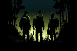 four persons, standing, silhouette, comic book,post-apocalypse, backpack,, forest, night time,