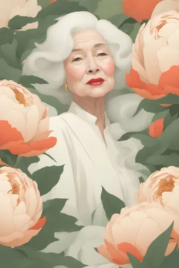 hermosa mujer de 80 años de edad,, sexy , cabello blanco y negro, labios rojos, ojos verdes, fondo de peonias gigantes y vegetacion verde seco y naranja by Hsiao-Ron Cheng