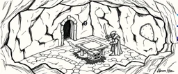 hand drawn map of 4x4 meter room, with an ogre and an orc captain, and a chest under a table, the room is rough and cavelike, we also see winding paths around the room