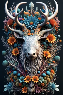 3D rendering of Expressively detailed and intricate of a hyperrealistic “organism”: front view, colorful, antler, tribalism, detailed with flowers, shamanism, cosmic fractals, dystopian, octane render, 8k post-production, dendritic, artstation: award-winning: professional portrait: atmospheric: commanding: fantastical: clarity: 16k: ultra quality: striking: brilliance: stunning colors: amazing depth