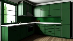 kitchen with dark green furniture, forest wallpaper on a white wall, on the left side next to the window there is a microwave and oven installed in the furniture, and on the right side 5 cm from the induction hob and a kitchen hood above it,