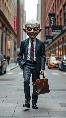 A mean man with suite carrying a business bag walking in the new York street , his head is replaced with an old scary doll head, scary smile , big eyes high quality, 8k