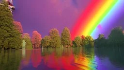 vivid rainbows reflected in mirror lake, wide angle, volumetric lightin,Ornate details, award winning, Octane render, 4k, 8k, unreal 5, very detailed, hyper control-realism, trending on artstation.”