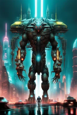 cities of the future cyberpunk in the center of the monster stands on its hind legs