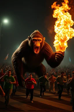 A giant monkey holding a flame chasing a Thousand of people running scared toward the camera at night