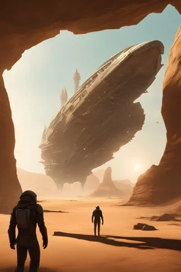A sleek Spaceship landing in a ruined alien desert city
