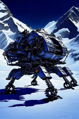 a mechanical walker with eight legs scaling a very steep snow covered side of mout everest at night, it has a smooth surface, it has storage pods on its belly human can fit in the pods