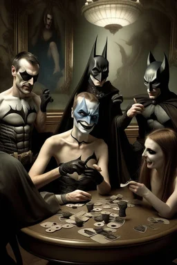 Ballet Batman and some friends smoking and playing cards, davinci. Surreal. Agony face, smile, pain scream. Fish eye lense camera. Perfect composition.