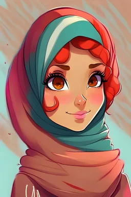 Walaa is a beautiful girl, her hair is red, her face is round, her eyes are brown, she wears a hijab, write a large Walaa name, the top is in a cartoon style, cool colors