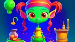 You will create a character that has a alien concept, with food props. The character will have a Short style hairstyle. The illustration will have a mixed color degree, a vivid palette, and free pick shapelanguage.