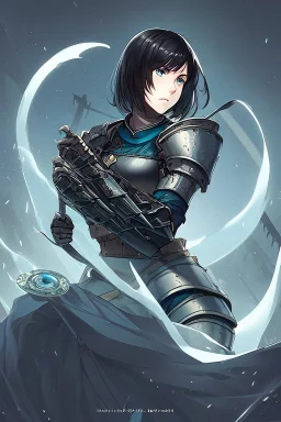 Motoko Kusanagi from Ghost In The Shell (1995), clad in medieval stell plate armour, melancholic, alone, big blue eyes, perfect, beautiful, black hair