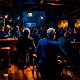 a single figure in a crowded bar at night, dark colors, impressionist style