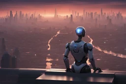 Humanoid looking robot looking out over an alien town skyline at dusk