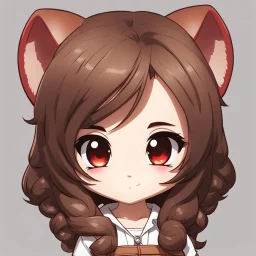 a close-up headshot of a chibi woman with long brown hair, red eyes, brown ferret ears, a mischievous expression, American clothes, intricately detailed, masterpiece, anime chibi doll