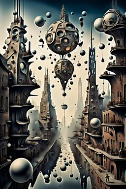 a stunningly weird image of a futuristic metropolis using Salvador Dali's paranoiac-critical method, where buildings and structures appear to melt into the skyline cityscape is filled with floating balls and triangles and mad, twisted sharp metal shapes that interact with the buildings and each other, forming a surreal tableau of a dreamlike reality. neu-steampunk vibe, essence of the scene in a cinematic manner, with dramatic shadows that enhance the distorted perspectives and bizarre