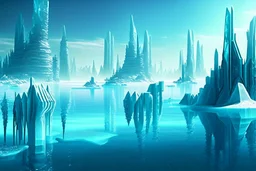 ice blocks, lagoon, seashore, distant futuristic city, epic, sci-fi