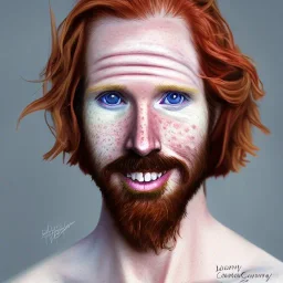 Portrait of Courtney Gains as a ruggedly handsome, joyful, roguish pirate, charismatic, attractive male, masculine, perfect, precisely detailed clear eyes, softly freckled face, unblemished, flawless skin; meticulously detailed multi-hued ginger carrot colored cherry fire red hair; fantasy, intricate, elegant, highly detailed, digital painting, concept art, matte, sharp focus, illustration, art by artgerm and greg rutkowski and alphonse mucha