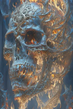 A beautiful highly detailed ornate intricate portrait of a flaming demon skull made of shiny obsidian glass :: reflective, glassy :: subtractive lighting, backlit :: by John William Waterhouse, Greg Rutkowski, HR Giger :: hyperrealistic, hyper detailed, photorealistic :: epic, incredible composition, amazing depth, meticulously composed, 16k resolution concept art :: fantasy magazine cover art