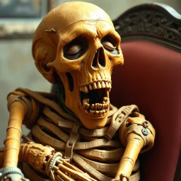a decrepit orange mummy leaned over in a chair, mouth open, eyes closed