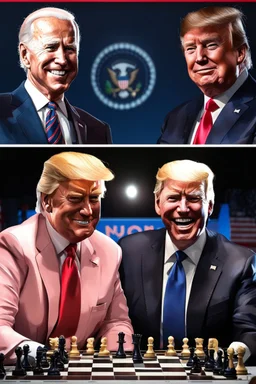 A hyper-realistic , Joe Biden and Trump in a game of chess,Trump smiling ,Biden angry, 64K, hyperrealistic, vivid colors, (glow effects:1.2) , 4K ultra detail, , real photo