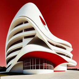 Fachada frontal edificio moderno estilo Oscar Niemeyer 10 metros de altura 3 apartamentos colores blanco y rojo crema detallado preciso sombras impactante obra de arte 8k