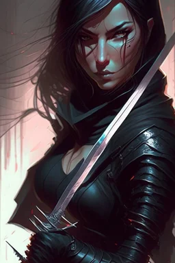 a woman in a black outfit holding a sword, concept art | artgerm, beautiful female assassin, snake assassin, ninjala, greg rutkowski and artgerm, 2. 5 d cgi anime fantasy artwork, cyberpunk assassin, female assassin, marc brunet, portrait ninja gaiden girl, anime fantasy artwork, kunoichi