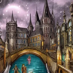 A magical gothic canal city of wizards, witches and warlocks with a castle Nick Harris style