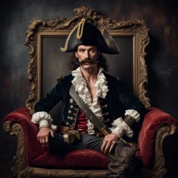 Hyper Realistic vintage frame portrait of a pirate with thick moustache sitting on a fancy velvet sofa with his sword on a rustic dark wall