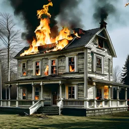 A portrait of a house with fire