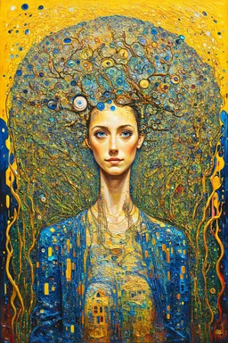 Visceral Neural Thrill; Surrealistic painting inspired by Klimt and Hundertwasser; Golden Hour; Exquisitely Detailed