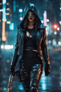 Full body,Half-cyborg female cyberpunk assassin wearing a metal mask, black jacket,walk in night city background