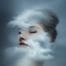 clouds of fog as woman's face, dissolving, disintegrating, wearing blue hijab, fine detail, highly intricate, wearing blue hijab, modern surrealism painting, high-quality, volumetric lighting, 8k, ultrahd, George Grie, Marco Escobedo, Igor Morski, Brian Froud, Howard Lyon, Selina French,