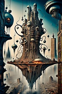 a stunningly weird image of a futuristic metropolis using Salvador Dali's paranoiac-critical method, where buildings and structures appear to melt into the skyline cityscape is filled with floating medusas and mad, twisted metal shapes that interact with the buildings and each other, forming a surreal tableau of a dreamlike reality. neu-steampunk vibe, essence of the scene in a cinematic manner, with dramatic shadows that enhance the distorted perspectives and bizarre mood