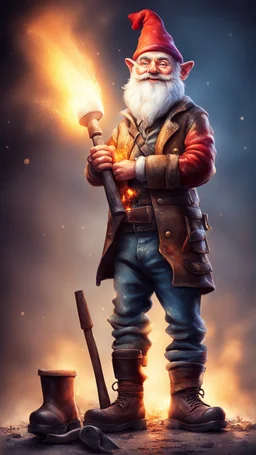 postcard portrait of bard post man sexy gnome fire man with old boots holding musket, sledge hammer, in spotlight, magazine cover illustration with spray paint, signed, bokeh like, down-light, unreal engine, prize winning