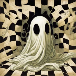 Creepy ghost in flowing sheet that is printed in a crossword puzzle, crossword puzzle pattern, by Tim Burton, by Shaun tan, comic hyperreal, intricately detailed, matte alcohol oil paintings.