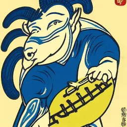 Ukiyo-e style illustration of blue and yellow Bighorn Ram holding a football